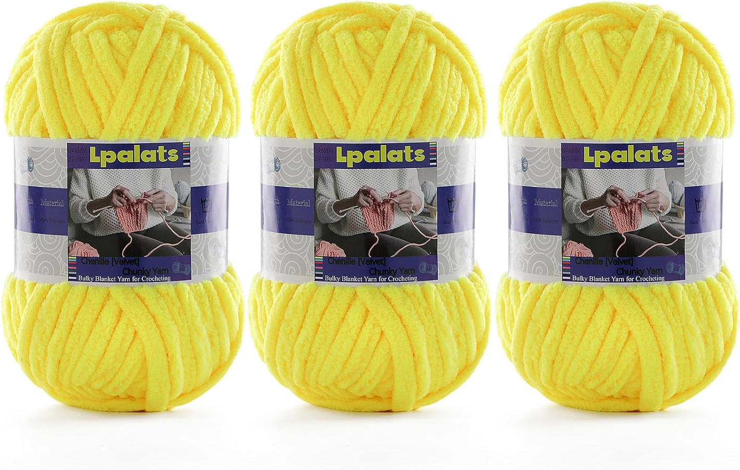 #6 Super Bulky Blanket Yellow Yarn - Chunky Chenille Yarn for Crocheting | 3 Pack Baby Blanket Yarn (Each 3.5oz/100g, 71yds/65m) - Polyester - Thick Plush Fluffy Yarn for Crochet Amigurumi Blankets