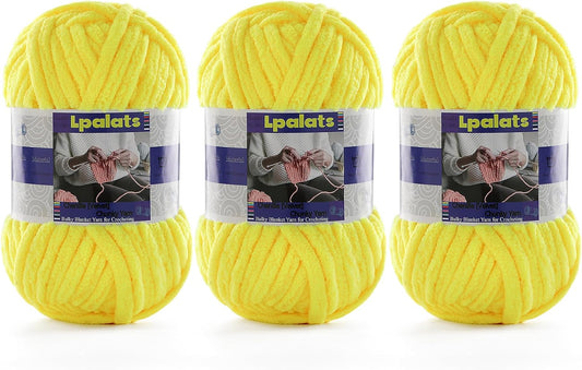 #6 Super Bulky Blanket Yellow Yarn - Chunky Chenille Yarn for Crocheting | 3 Pack Baby Blanket Yarn (Each 3.5oz/100g, 71yds/65m) - Polyester - Thick Plush Fluffy Yarn for Crochet Amigurumi Blankets