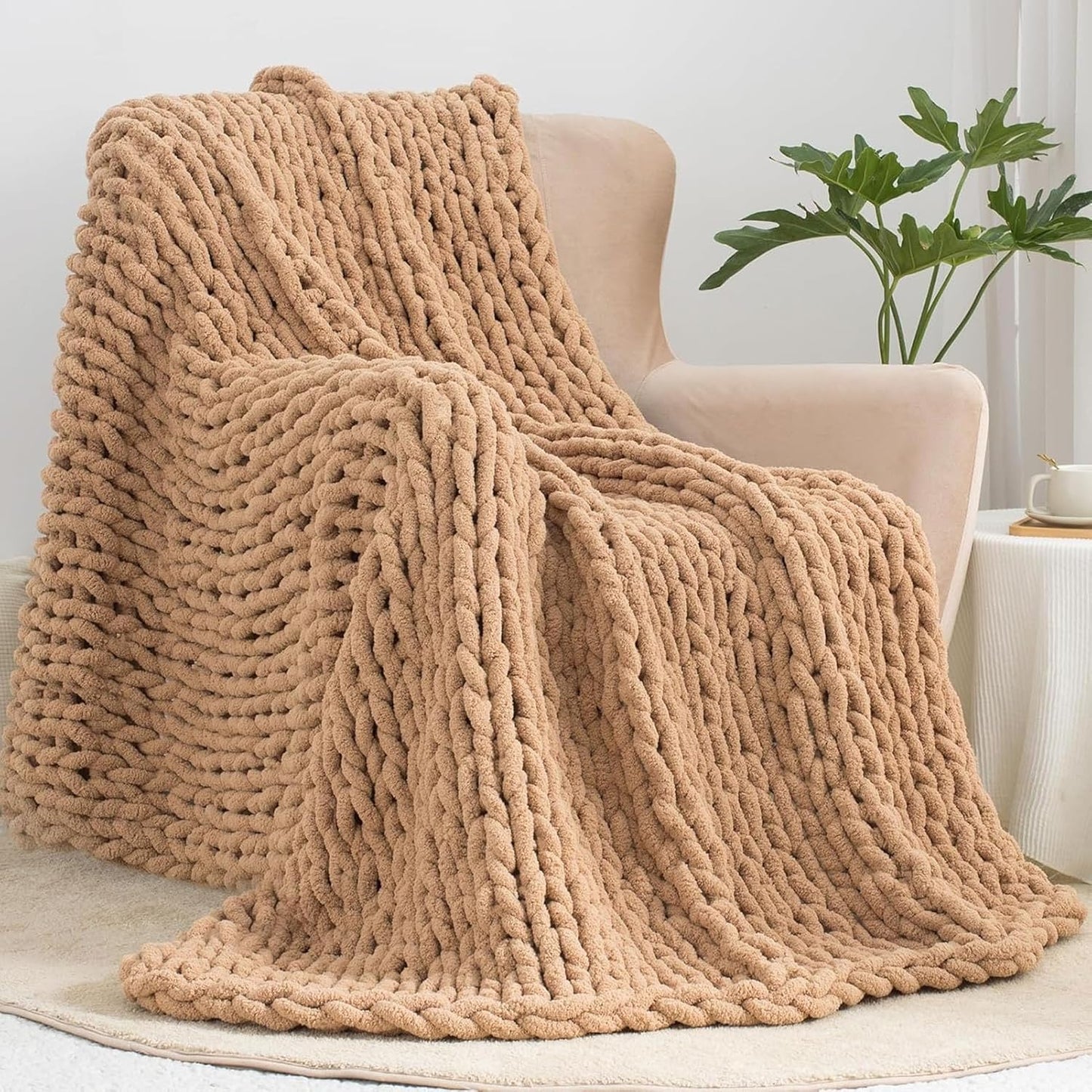 Chunky Knit Blanket Throw Hand Knitted Throw Blankets for Couch Bed Sofa, Fluffy Soft Chenille Throw Blanket with Jumbo Chenille Yarn Thick, Machine Washable,Earthy Yellow,50x50cm