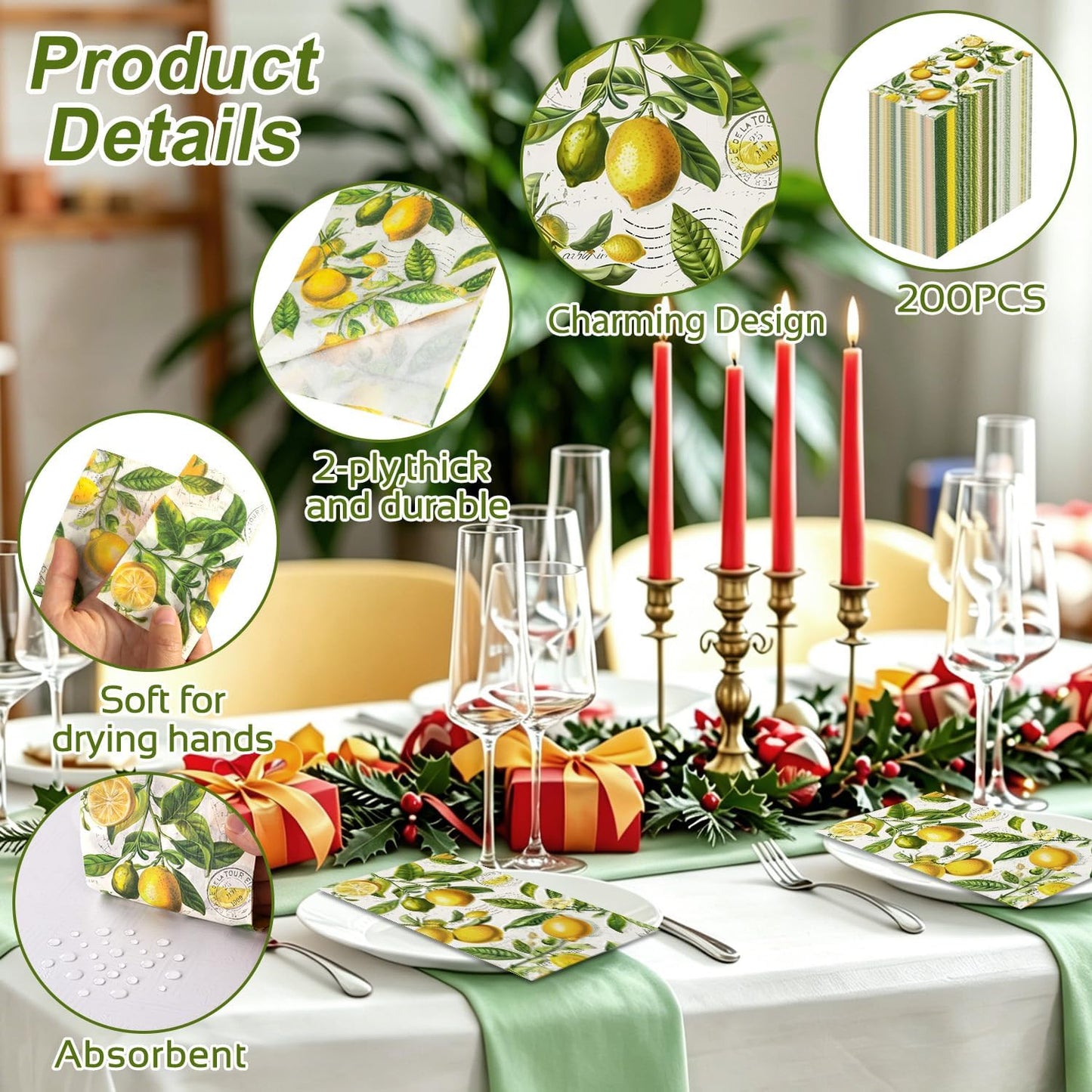 200 pcs 2 Ply Disposable Paper Decorative Napkins,Lemon Yellow Citrus Fruit Guest Hand Towels,Soft Absorbent Durable Napkin for Summer Spring Bathroom Wedding Holiday Cocktail Birthday Party
