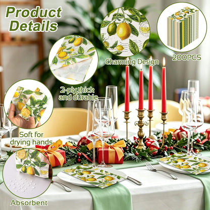 200 pcs 2 Ply Disposable Paper Decorative Napkins,Lemon Yellow Citrus Fruit Guest Hand Towels,Soft Absorbent Durable Napkin for Summer Spring Bathroom Wedding Holiday Cocktail Birthday Party