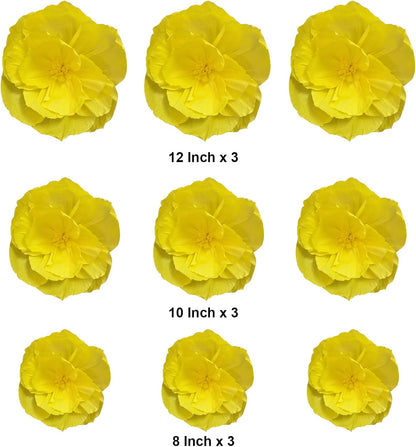 Crepe Paper Flowers Decoration for Wall Total 9 Pcs, Artificial Flowers Backdrop for Wedding Decor Baby Bridal Shower Birthday Party, Yellow 3D Wall Flowers Decor