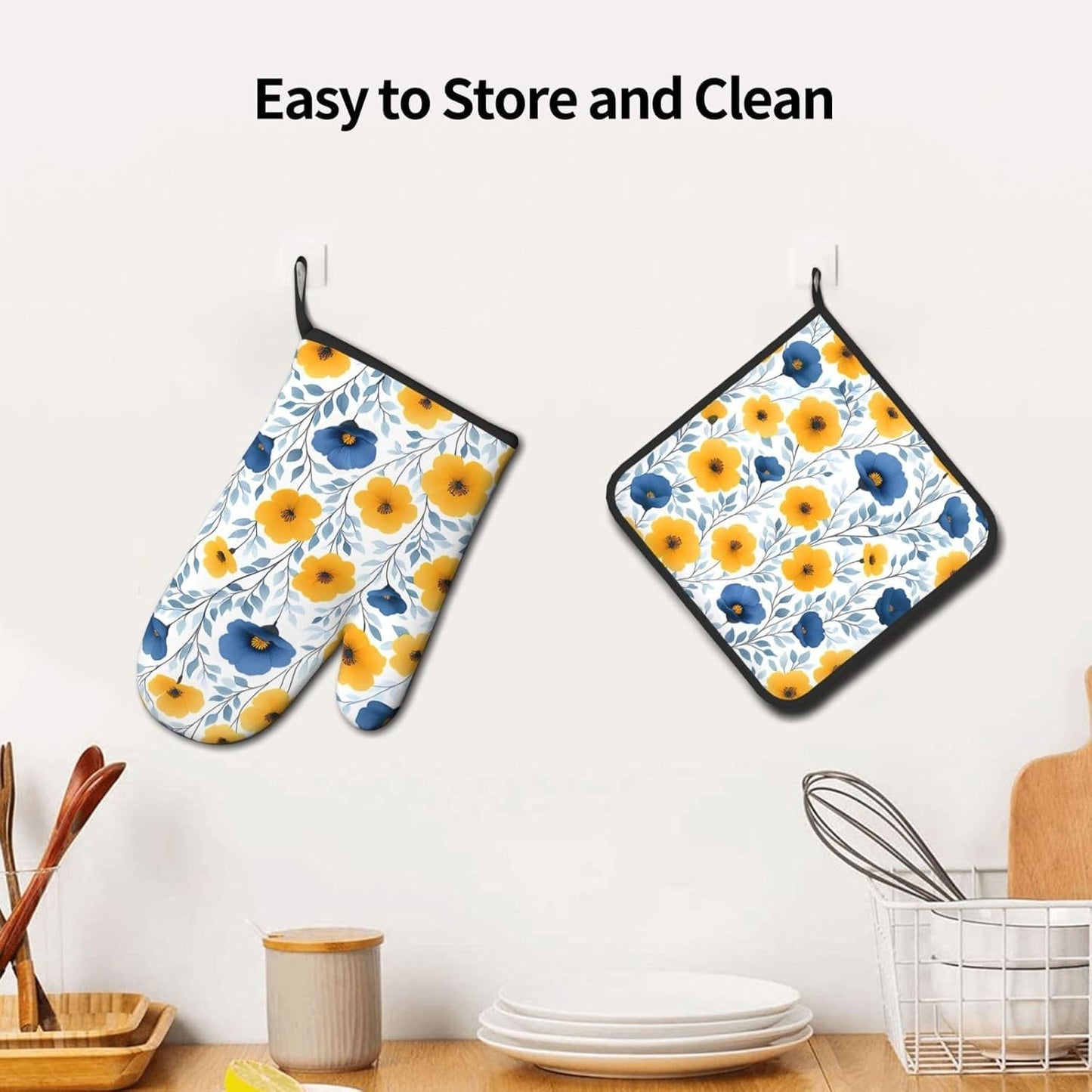 Yellow Blue Floral Oven Mitts & Pot Holders Sets of 3, Boho Blue and Yellow Flowers Heat Resistant Kitchen Hot Pads and Mitts for Cooking Baking Grilling, Gift for Floral - Loving Women, Home Decor