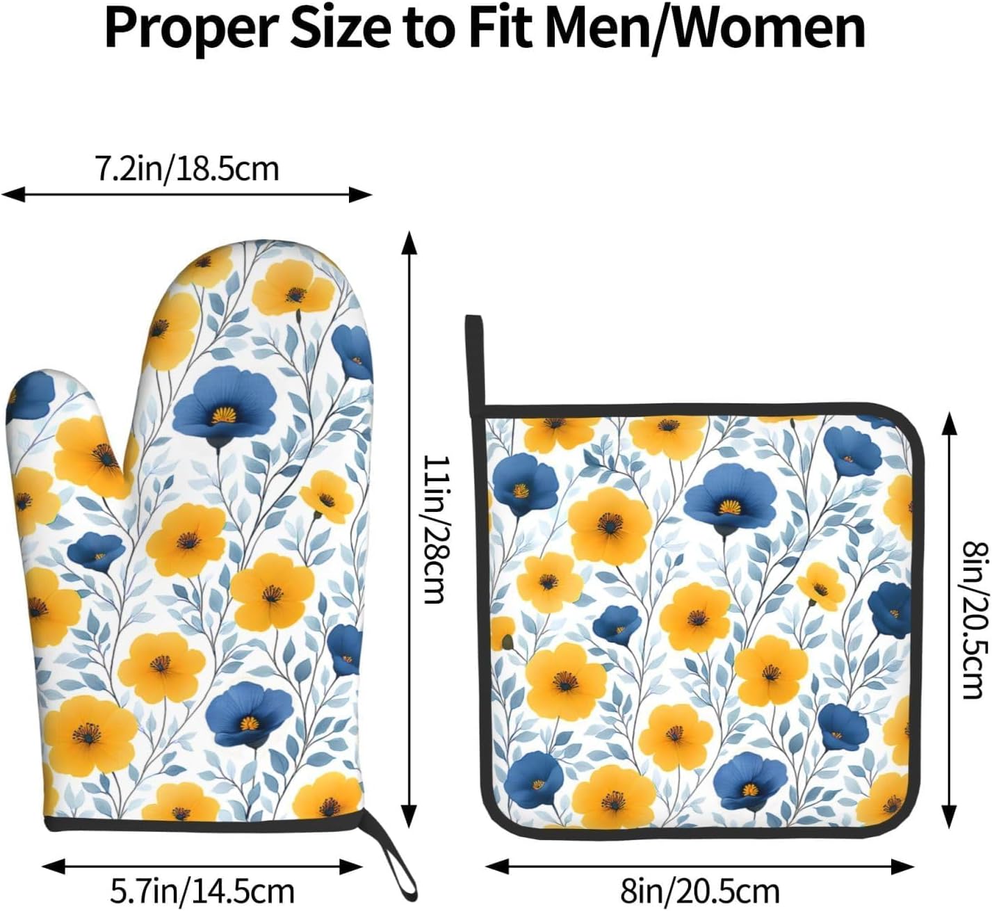 Yellow Blue Floral Oven Mitts & Pot Holders Sets of 3, Boho Blue and Yellow Flowers Heat Resistant Kitchen Hot Pads and Mitts for Cooking Baking Grilling, Gift for Floral - Loving Women, Home Decor