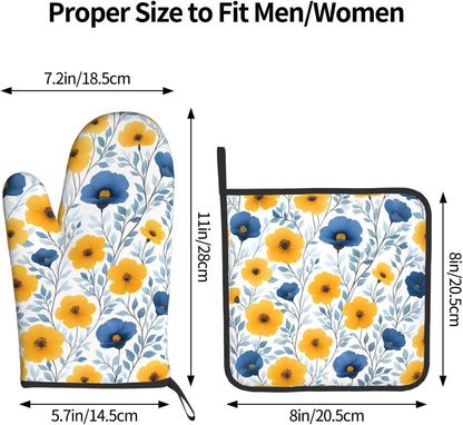 Yellow Blue Floral Oven Mitts & Pot Holders Sets of 3, Boho Blue and Yellow Flowers Heat Resistant Kitchen Hot Pads and Mitts for Cooking Baking Grilling, Gift for Floral - Loving Women, Home Decor