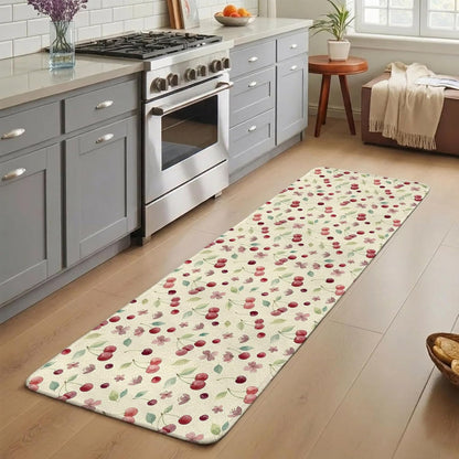 Washable Kitchen Runner Rug, Summer Cherry Harvest Flower Absorbent Non-Slip Runner Rug for Bedroom Hallway Entryway Stair, Watercolor Fruit on Light Yellow Doormat Area Rugs 16x47in
