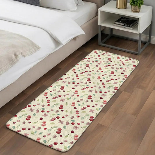 Washable Kitchen Runner Rug, Summer Cherry Harvest Flower Absorbent Non-Slip Runner Rug for Bedroom Hallway Entryway Stair, Watercolor Fruit on Light Yellow Doormat Area Rugs 16x47in