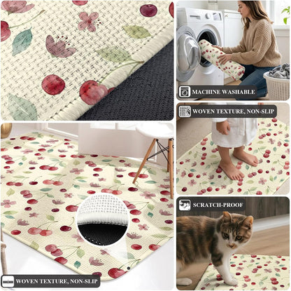 Washable Kitchen Runner Rug, Summer Cherry Harvest Flower Absorbent Non-Slip Runner Rug for Bedroom Hallway Entryway Stair, Watercolor Fruit on Light Yellow Doormat Area Rugs 16x47in