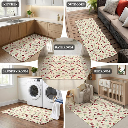 Washable Kitchen Runner Rug, Summer Cherry Harvest Flower Absorbent Non-Slip Runner Rug for Bedroom Hallway Entryway Stair, Watercolor Fruit on Light Yellow Doormat Area Rugs 16x47in