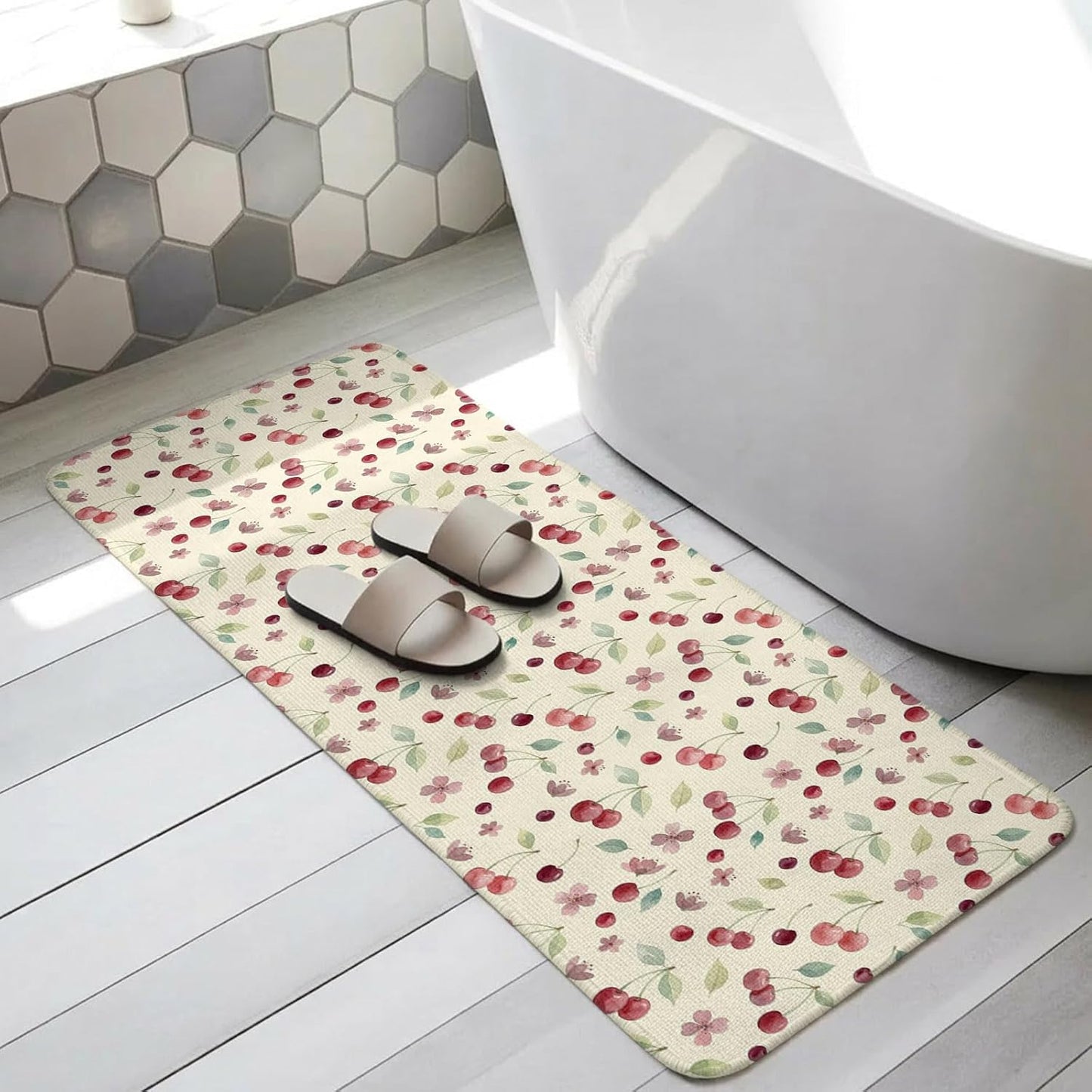 Washable Kitchen Runner Rug, Summer Cherry Harvest Flower Absorbent Non-Slip Runner Rug for Bedroom Hallway Entryway Stair, Watercolor Fruit on Light Yellow Doormat Area Rugs 16x47in