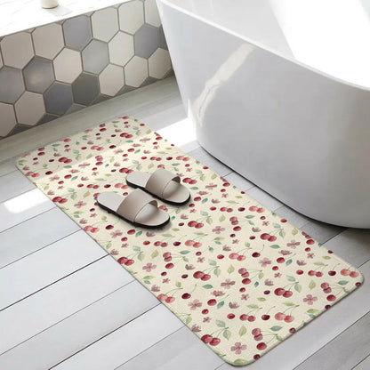Washable Kitchen Runner Rug, Summer Cherry Harvest Flower Absorbent Non-Slip Runner Rug for Bedroom Hallway Entryway Stair, Watercolor Fruit on Light Yellow Doormat Area Rugs 16x47in