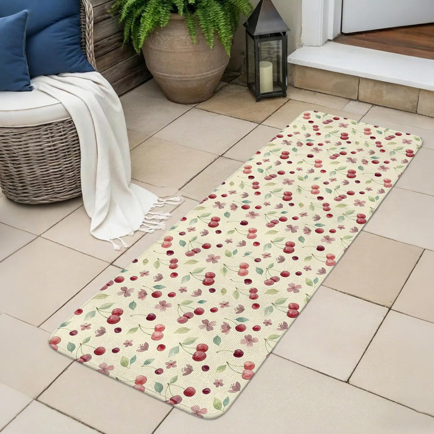 Washable Kitchen Runner Rug, Summer Cherry Harvest Flower Absorbent Non-Slip Runner Rug for Bedroom Hallway Entryway Stair, Watercolor Fruit on Light Yellow Doormat Area Rugs 16x47in