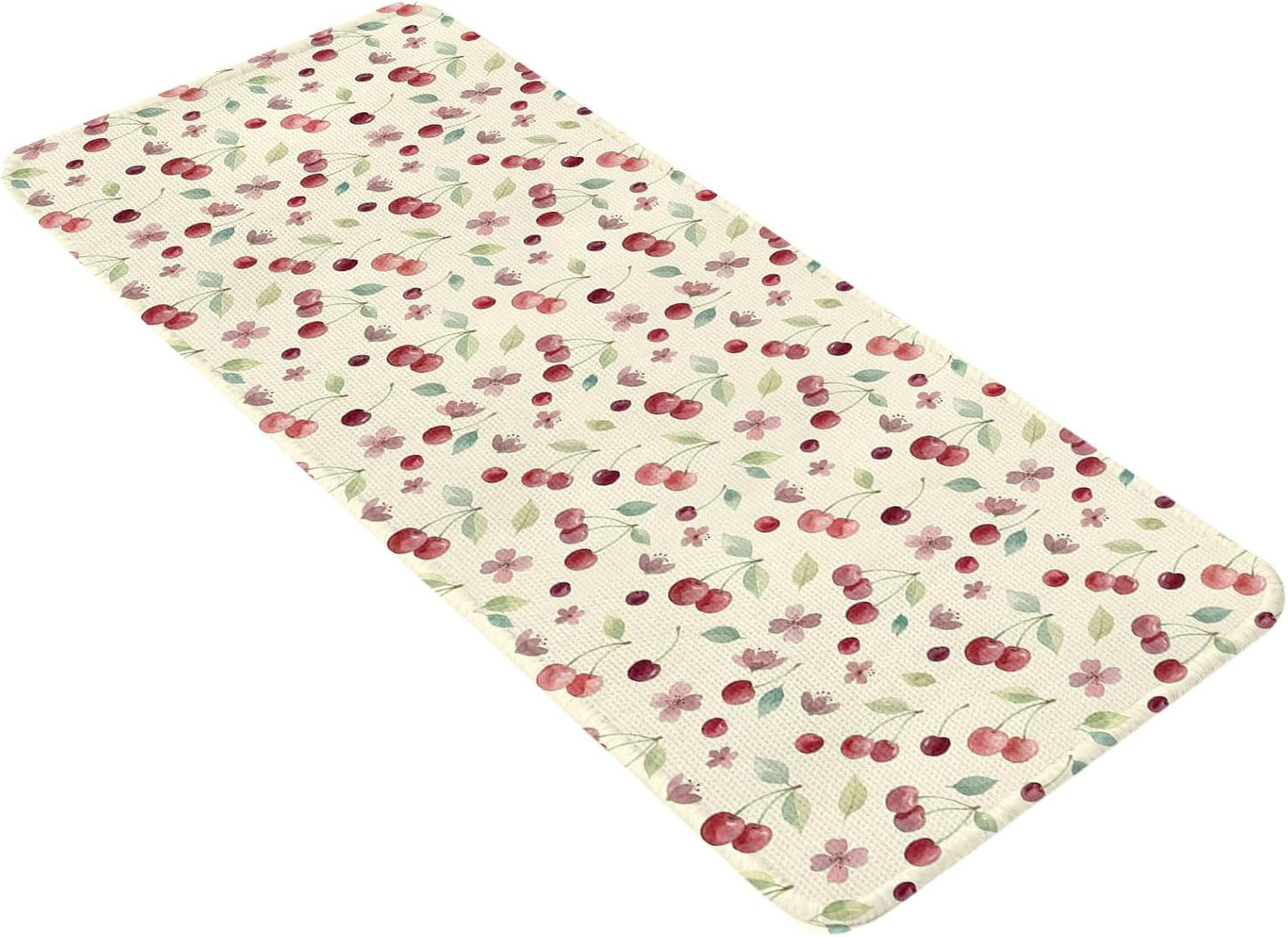 Washable Kitchen Runner Rug, Summer Cherry Harvest Flower Absorbent Non-Slip Runner Rug for Bedroom Hallway Entryway Stair, Watercolor Fruit on Light Yellow Doormat Area Rugs 16x47in