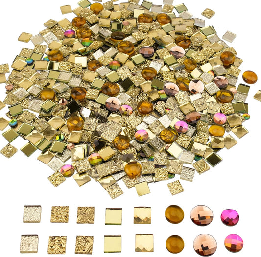 2.2lbs 15mm Colored Glass Mirror Tiles for Mosaic Crafts, Assorted Shapes and Textures, Golden Glass Tile Pieces for DIY Projects, Adult Art Crafts, Home Décor, and Creative Mosaic Designs