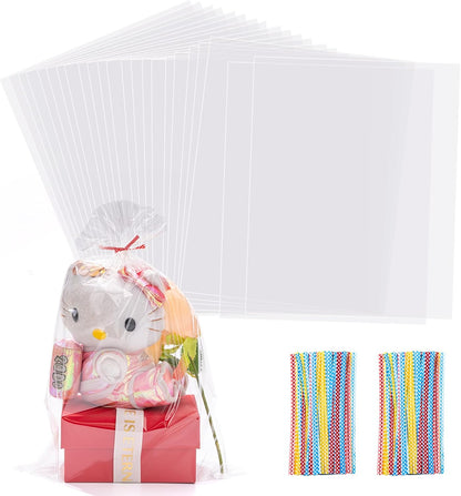 200 PCS Transparent Clear Cellophane Bags 9x12 Inches, Clear Treat Bags with Ties for Cookie Bags Resealable Cellophane Bag for Packaging Cookies,Gifts,Products,Candy,Favors