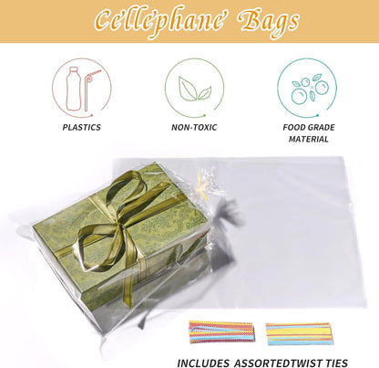 200 PCS Transparent Clear Cellophane Bags 9x12 Inches, Clear Treat Bags with Ties for Cookie Bags Resealable Cellophane Bag for Packaging Cookies,Gifts,Products,Candy,Favors