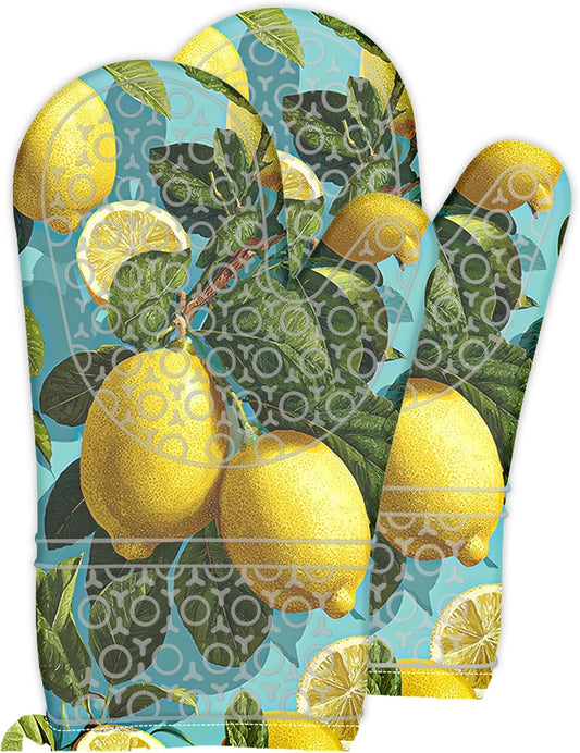 Oven Mitts Oven Gloves Silicone 18.5 * 29cm 2Pcs - Heat Resistant SiliconeMitts, Kitchen Gloves with Fresh Lemon Print - Home Kitchen, Baking, Summer Cooking Events