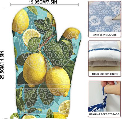 Oven Mitts Oven Gloves Silicone 18.5 * 29cm 2Pcs - Heat Resistant SiliconeMitts, Kitchen Gloves with Fresh Lemon Print - Home Kitchen, Baking, Summer Cooking Events