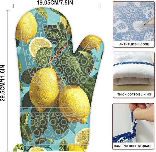 Oven Mitts Oven Gloves Silicone 18.5 * 29cm 2Pcs - Heat Resistant SiliconeMitts, Kitchen Gloves with Fresh Lemon Print - Home Kitchen, Baking, Summer Cooking Events