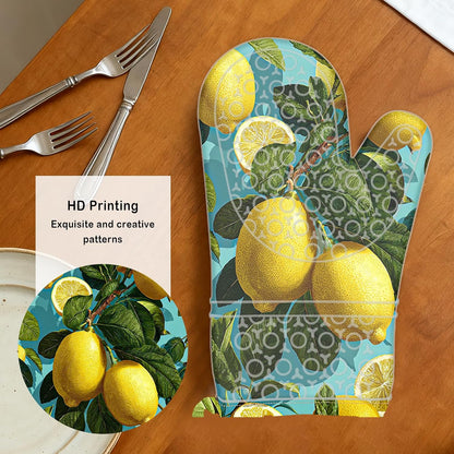 Oven Mitts Oven Gloves Silicone 18.5 * 29cm 2Pcs - Heat Resistant SiliconeMitts, Kitchen Gloves with Fresh Lemon Print - Home Kitchen, Baking, Summer Cooking Events