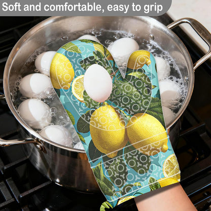 Oven Mitts Oven Gloves Silicone 18.5 * 29cm 2Pcs - Heat Resistant SiliconeMitts, Kitchen Gloves with Fresh Lemon Print - Home Kitchen, Baking, Summer Cooking Events