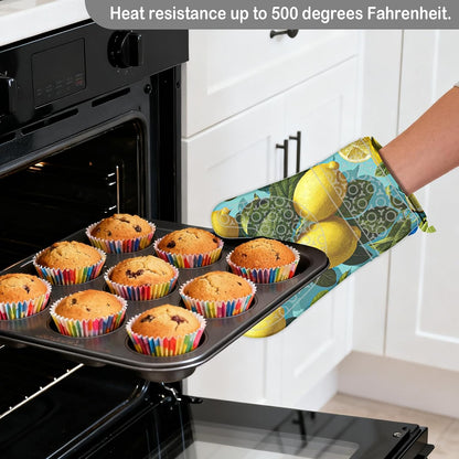 Oven Mitts Oven Gloves Silicone 18.5 * 29cm 2Pcs - Heat Resistant SiliconeMitts, Kitchen Gloves with Fresh Lemon Print - Home Kitchen, Baking, Summer Cooking Events