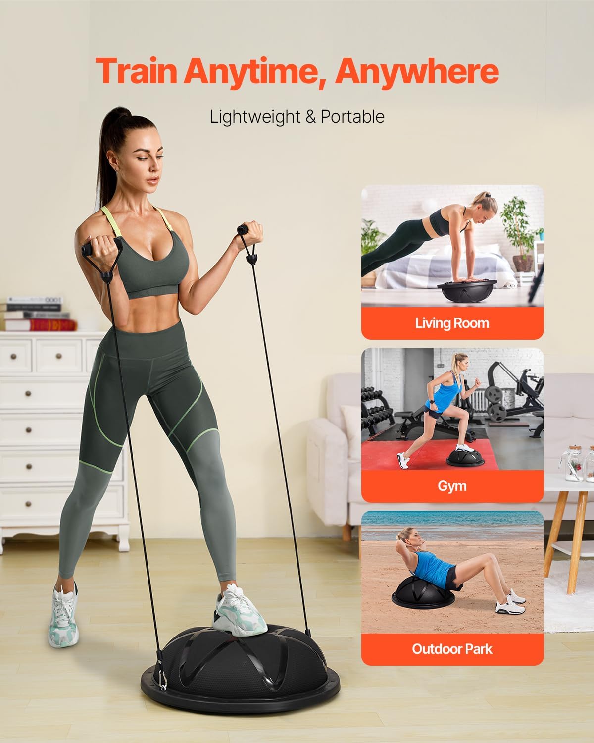 Half Exercise Ball Trainer, 23/26 inch Balance Ball Trainer, 1500lbs Capacity Stability Ball, Yoga Ball with Resistance Bands & Foot Pump, Strength Fitness Ball for Home Gym Full Body Workout