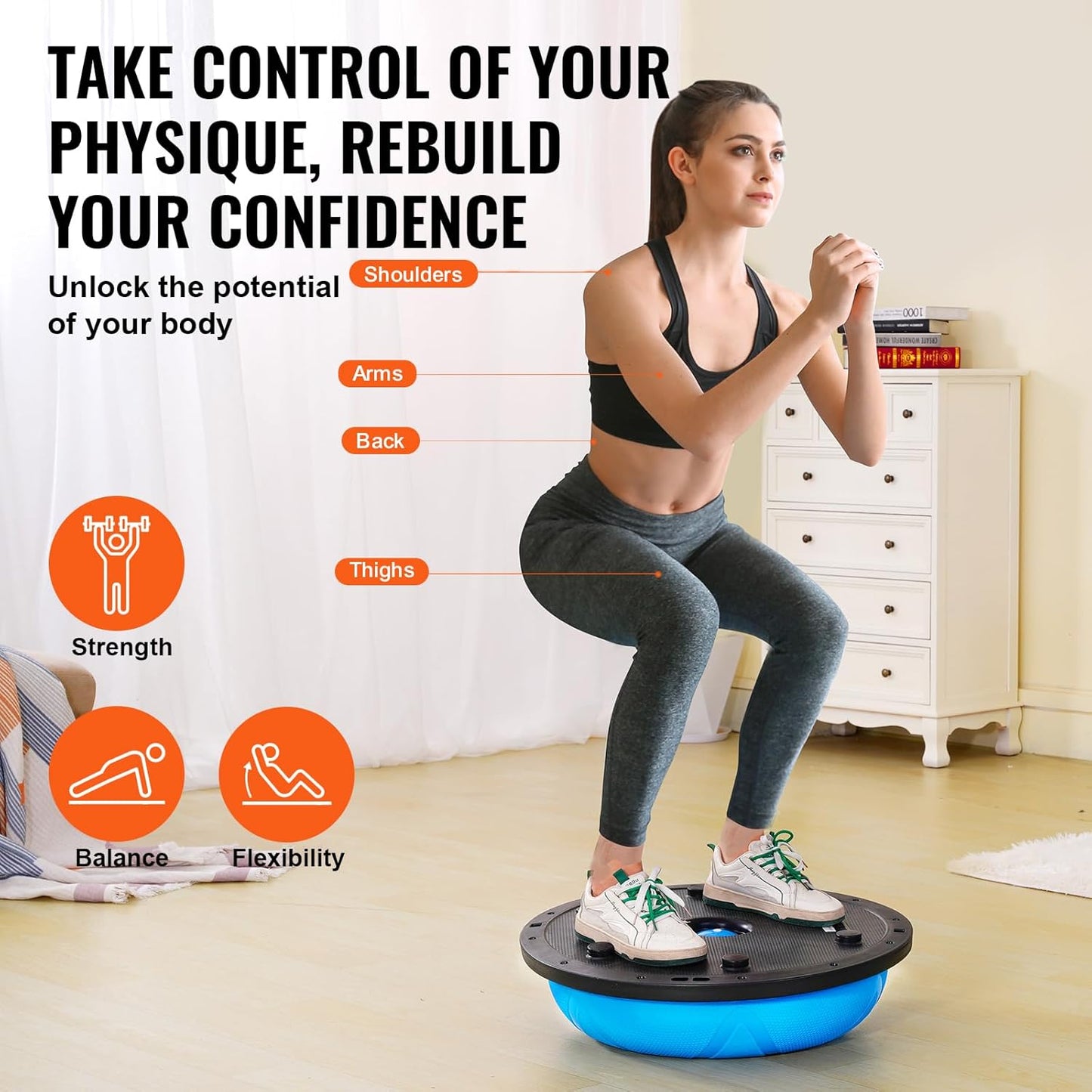 Half Exercise Ball Trainer, 23/26 inch Balance Ball Trainer, 1500lbs Capacity Stability Ball, Yoga Ball with Resistance Bands & Foot Pump, Strength Fitness Ball for Home Gym Full Body Workout