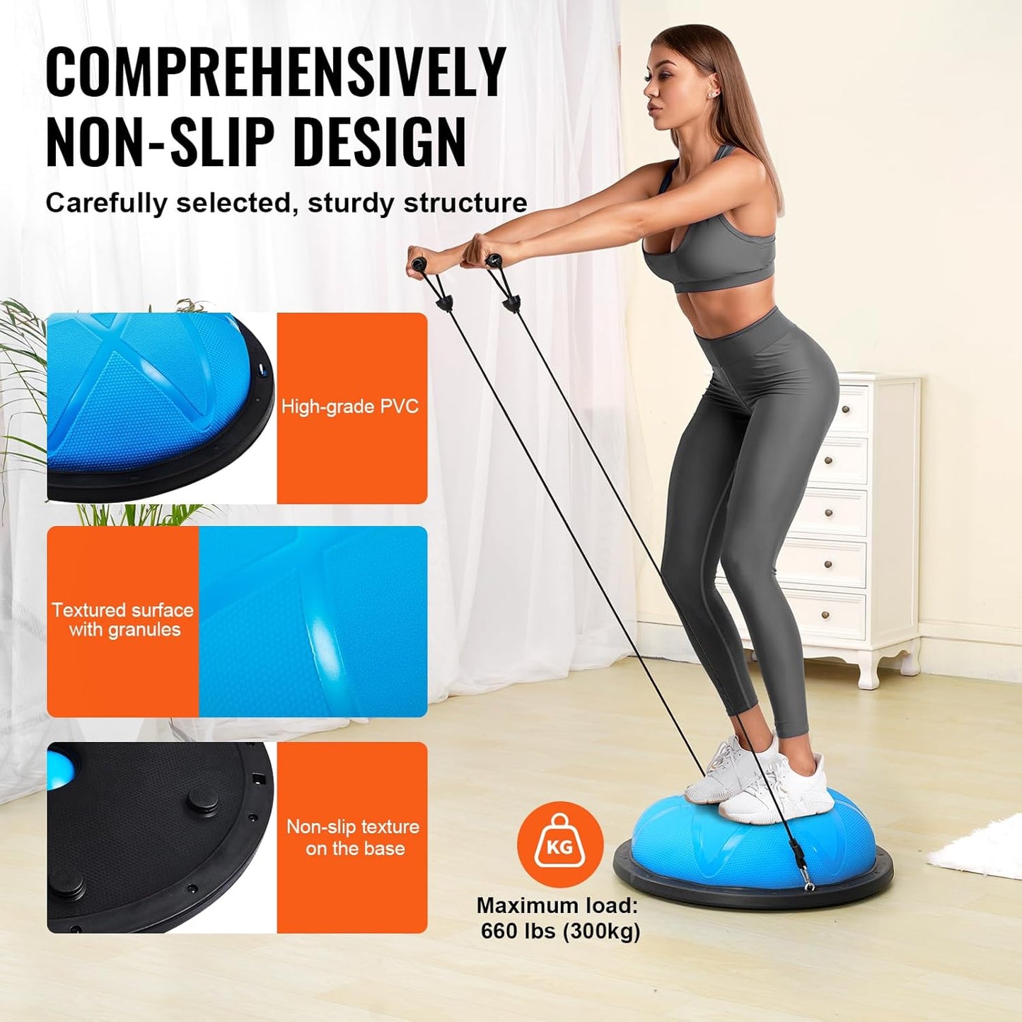 Half Exercise Ball Trainer, 23/26 inch Balance Ball Trainer, 1500lbs Capacity Stability Ball, Yoga Ball with Resistance Bands & Foot Pump, Strength Fitness Ball for Home Gym Full Body Workout