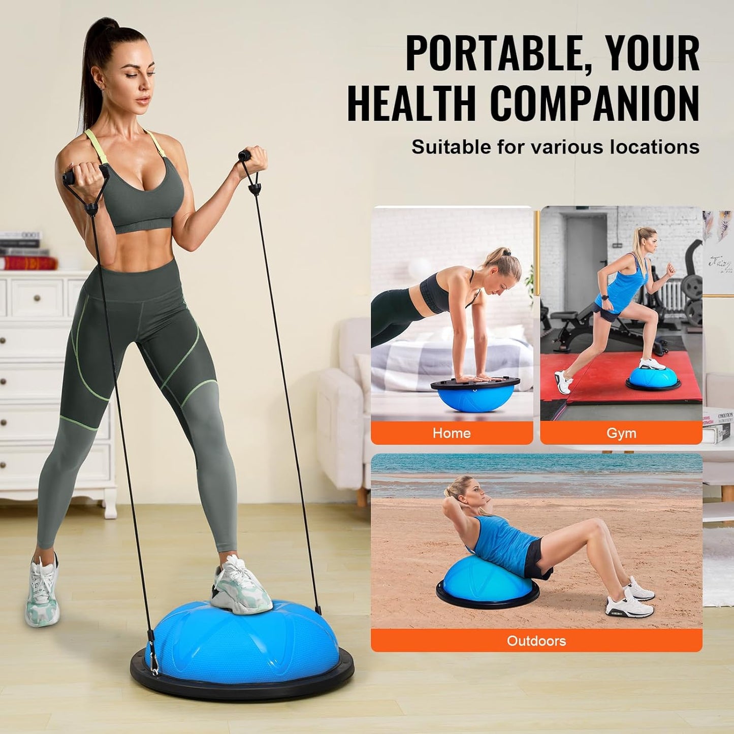 Half Exercise Ball Trainer, 23/26 inch Balance Ball Trainer, 1500lbs Capacity Stability Ball, Yoga Ball with Resistance Bands & Foot Pump, Strength Fitness Ball for Home Gym Full Body Workout