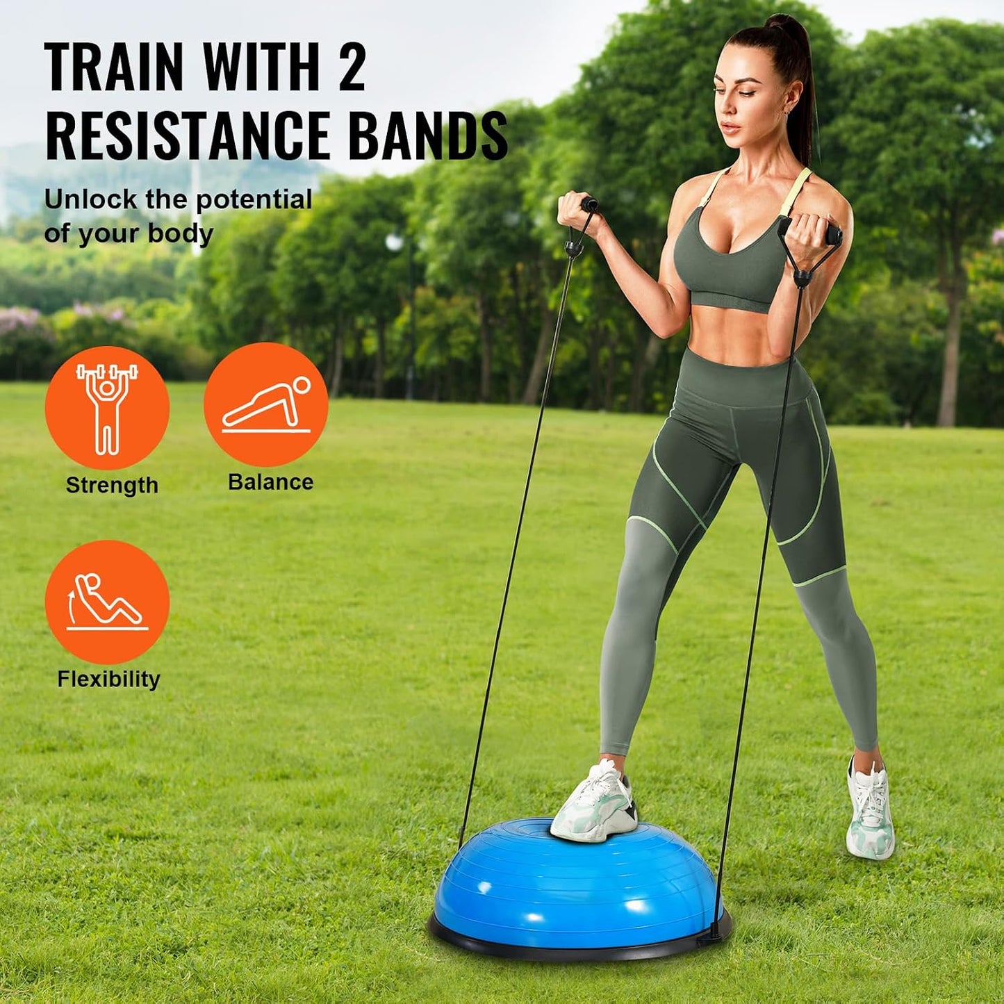 Half Exercise Ball Trainer, 23/26 inch Balance Ball Trainer, 1500lbs Capacity Stability Ball, Yoga Ball with Resistance Bands & Foot Pump, Strength Fitness Ball for Home Gym Full Body Workout