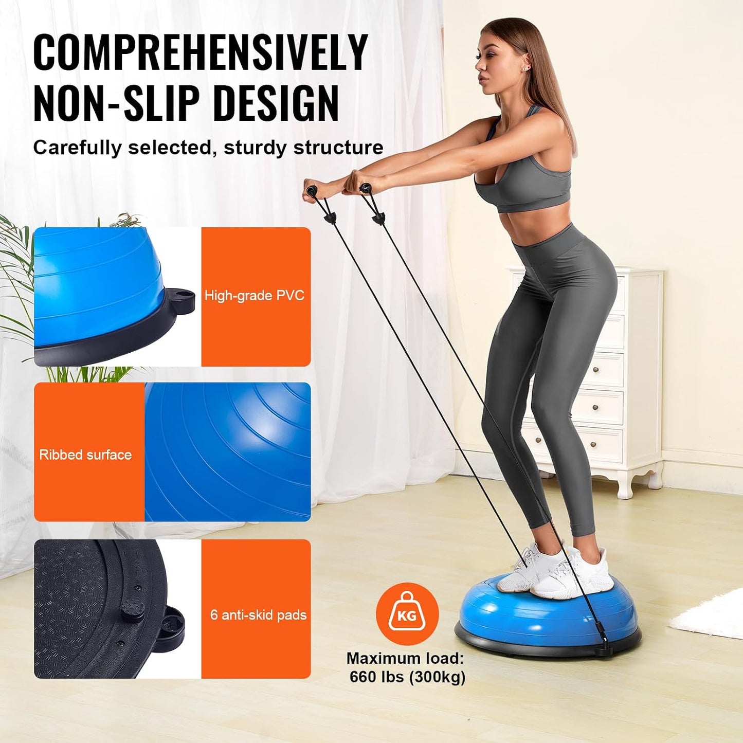Half Exercise Ball Trainer, 23/26 inch Balance Ball Trainer, 1500lbs Capacity Stability Ball, Yoga Ball with Resistance Bands & Foot Pump, Strength Fitness Ball for Home Gym Full Body Workout