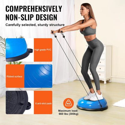 Half Exercise Ball Trainer, 23/26 inch Balance Ball Trainer, 1500lbs Capacity Stability Ball, Yoga Ball with Resistance Bands & Foot Pump, Strength Fitness Ball for Home Gym Full Body Workout