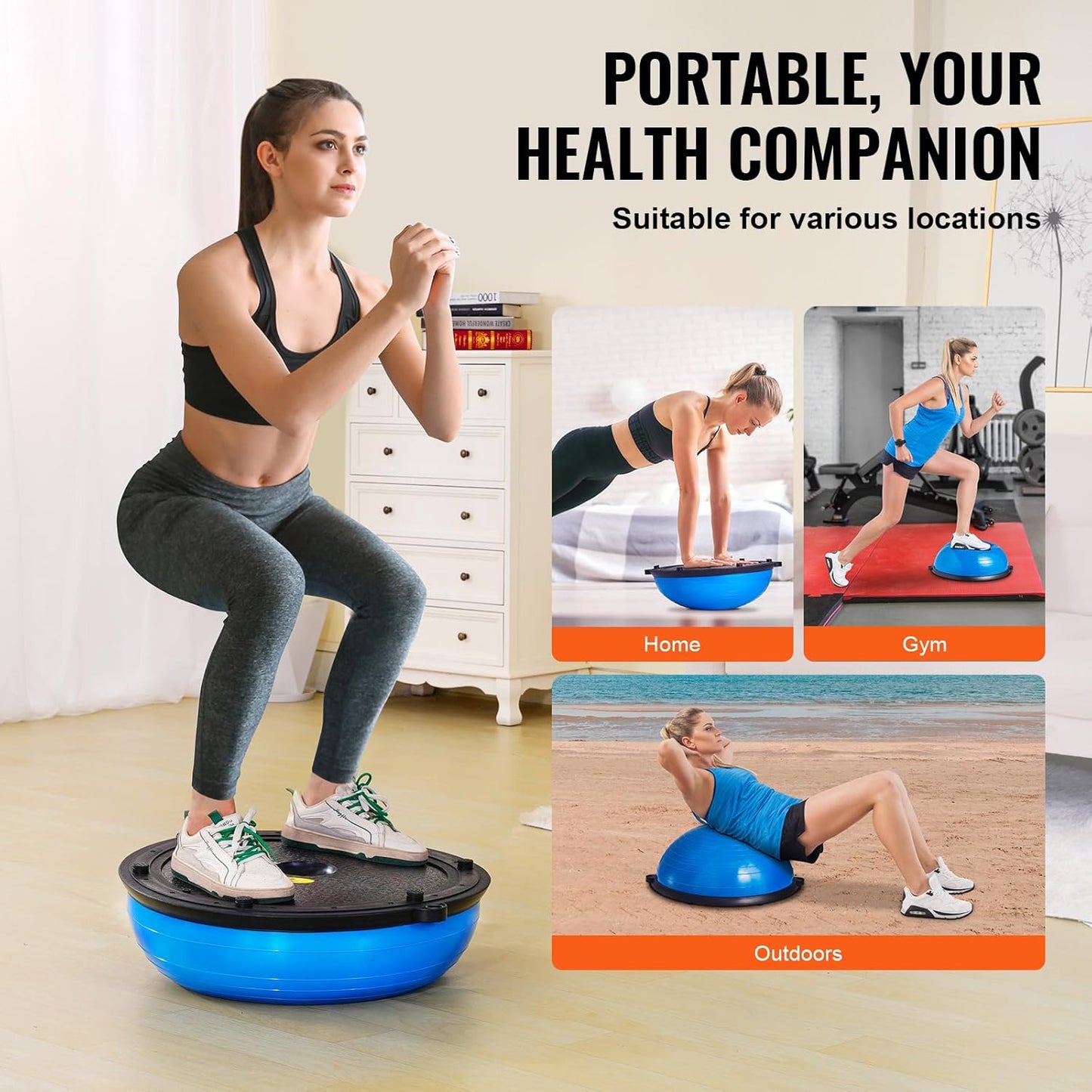 Half Exercise Ball Trainer, 23/26 inch Balance Ball Trainer, 1500lbs Capacity Stability Ball, Yoga Ball with Resistance Bands & Foot Pump, Strength Fitness Ball for Home Gym Full Body Workout