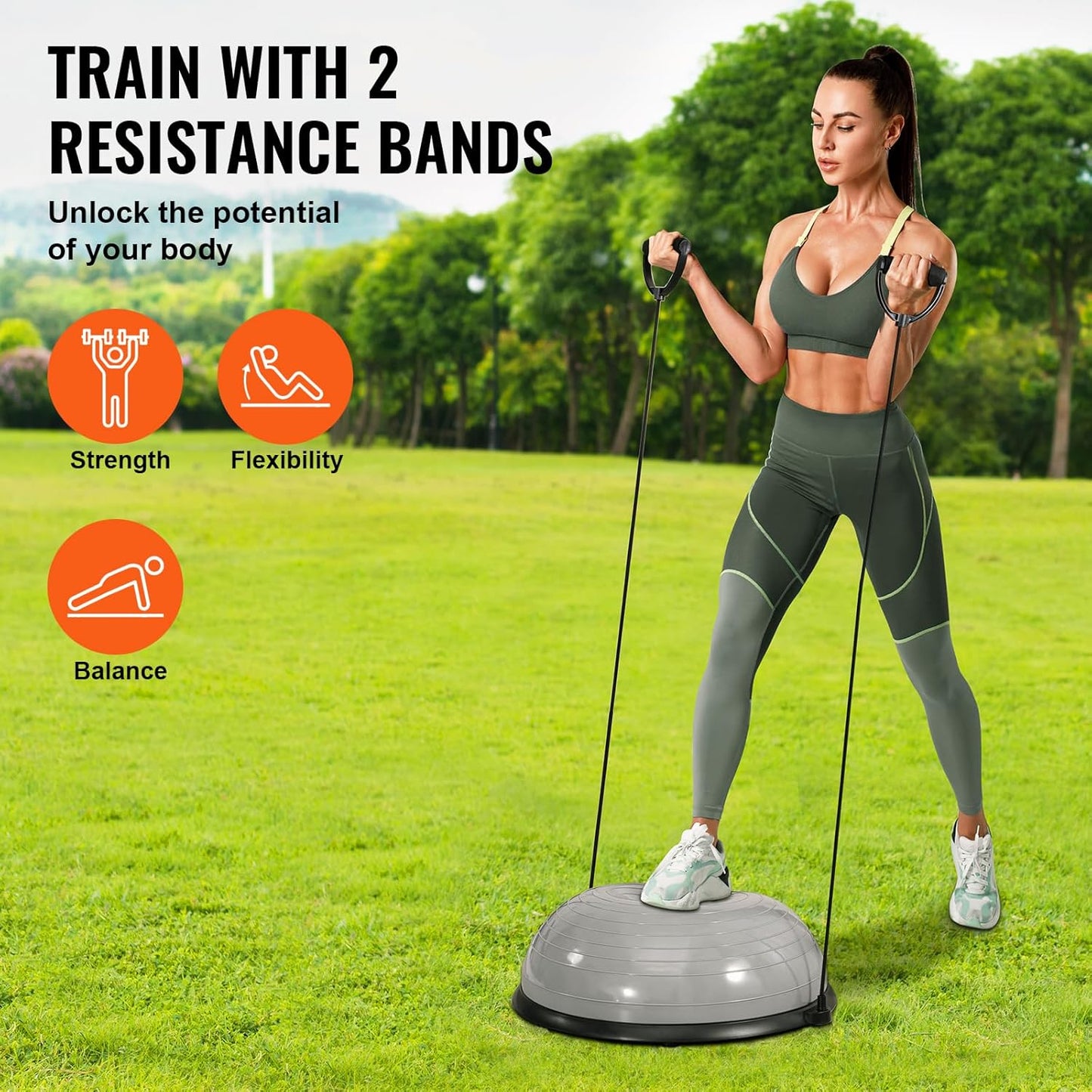 Half Exercise Ball Trainer, 23/26 inch Balance Ball Trainer, 1500lbs Capacity Stability Ball, Yoga Ball with Resistance Bands & Foot Pump, Strength Fitness Ball for Home Gym Full Body Workout