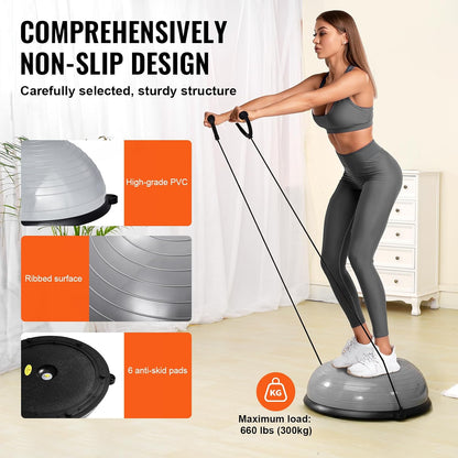 Half Exercise Ball Trainer, 23/26 inch Balance Ball Trainer, 1500lbs Capacity Stability Ball, Yoga Ball with Resistance Bands & Foot Pump, Strength Fitness Ball for Home Gym Full Body Workout