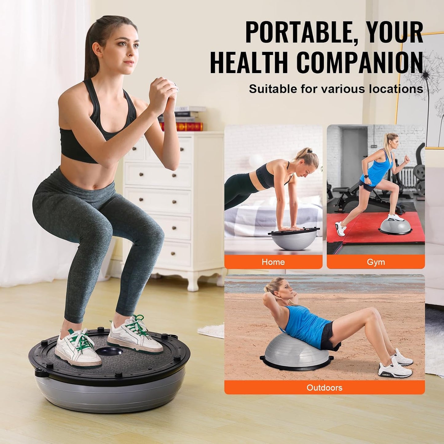 Half Exercise Ball Trainer, 23/26 inch Balance Ball Trainer, 1500lbs Capacity Stability Ball, Yoga Ball with Resistance Bands & Foot Pump, Strength Fitness Ball for Home Gym Full Body Workout