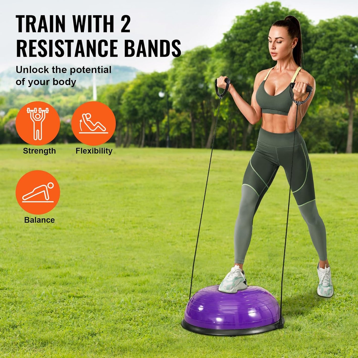 Half Exercise Ball Trainer, 23/26 inch Balance Ball Trainer, 1500lbs Capacity Stability Ball, Yoga Ball with Resistance Bands & Foot Pump, Strength Fitness Ball for Home Gym Full Body Workout