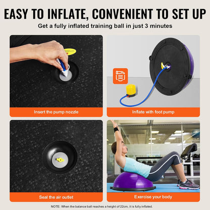 Half Exercise Ball Trainer, 23/26 inch Balance Ball Trainer, 1500lbs Capacity Stability Ball, Yoga Ball with Resistance Bands & Foot Pump, Strength Fitness Ball for Home Gym Full Body Workout