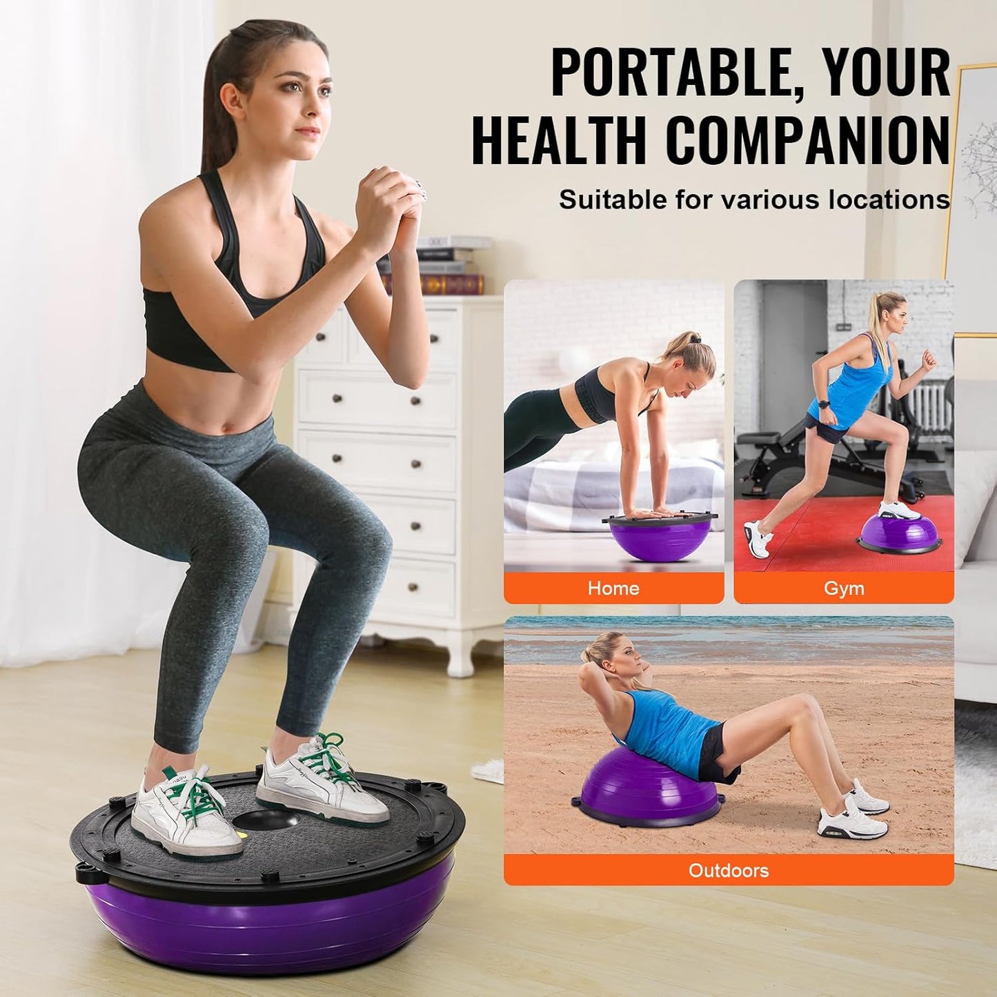 Half Exercise Ball Trainer, 23/26 inch Balance Ball Trainer, 1500lbs Capacity Stability Ball, Yoga Ball with Resistance Bands & Foot Pump, Strength Fitness Ball for Home Gym Full Body Workout