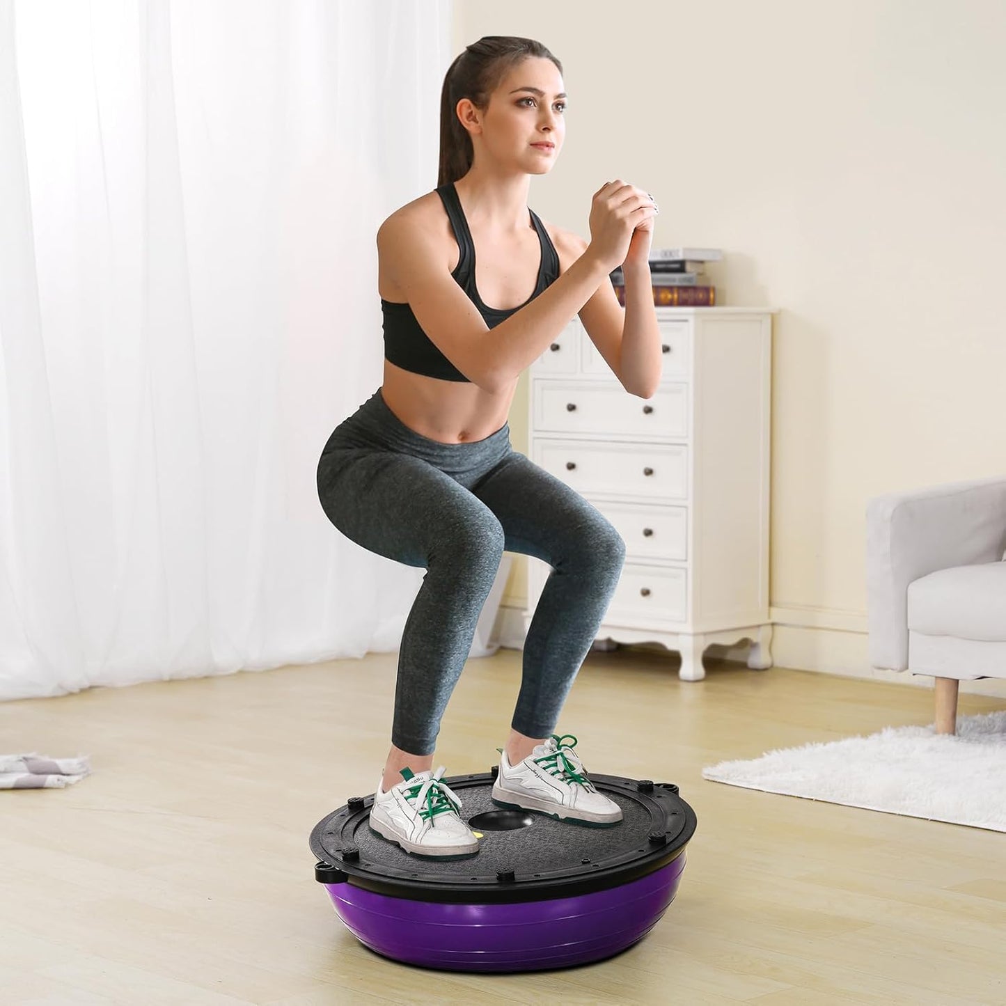 Half Exercise Ball Trainer, 23/26 inch Balance Ball Trainer, 1500lbs Capacity Stability Ball, Yoga Ball with Resistance Bands & Foot Pump, Strength Fitness Ball for Home Gym Full Body Workout