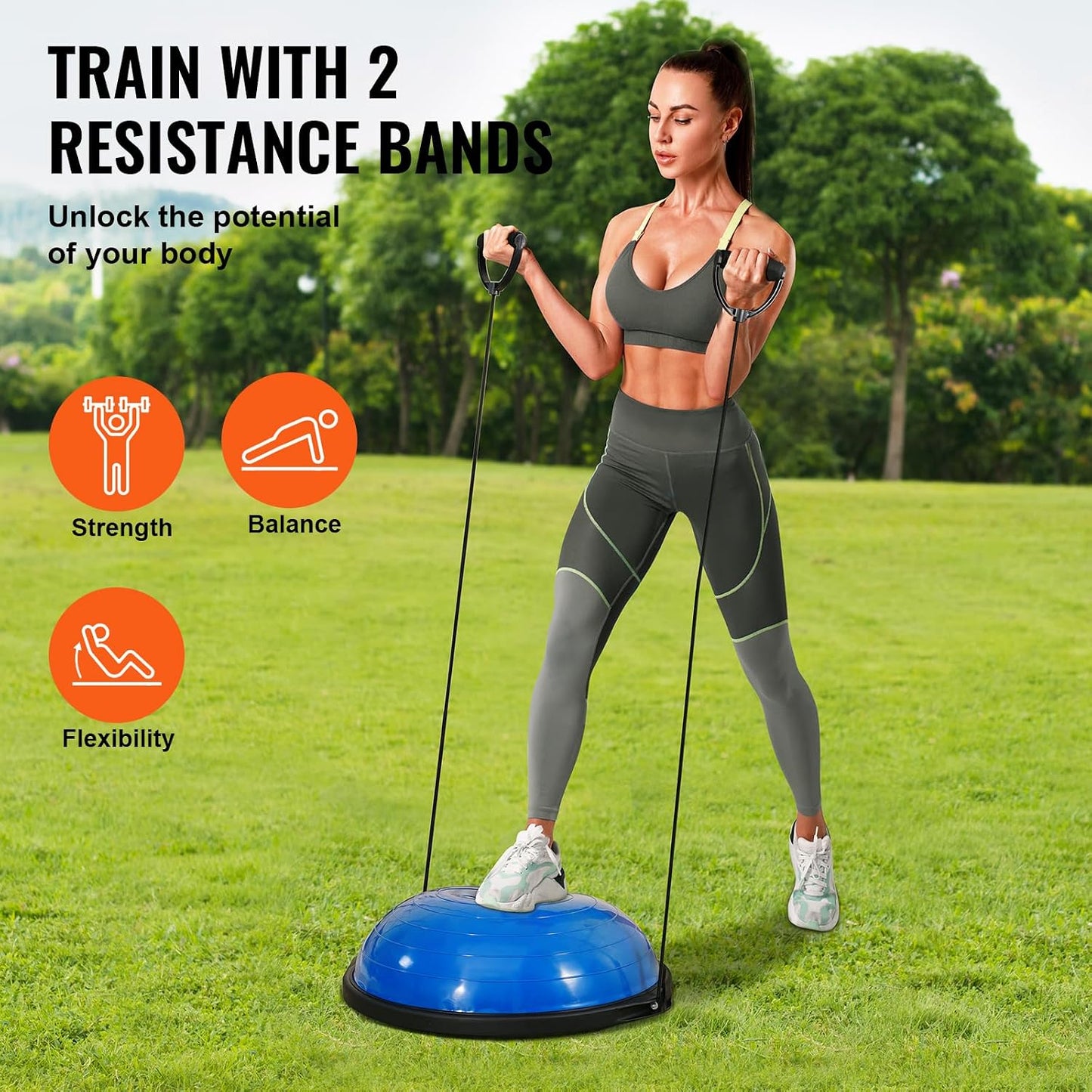 Half Exercise Ball Trainer, 23/26 inch Balance Ball Trainer, 1500lbs Capacity Stability Ball, Yoga Ball with Resistance Bands & Foot Pump, Strength Fitness Ball for Home Gym Full Body Workout