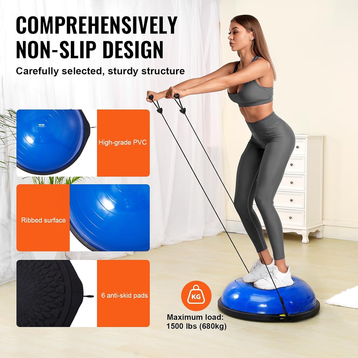 Half Exercise Ball Trainer, 23/26 inch Balance Ball Trainer, 1500lbs Capacity Stability Ball, Yoga Ball with Resistance Bands & Foot Pump, Strength Fitness Ball for Home Gym Full Body Workout