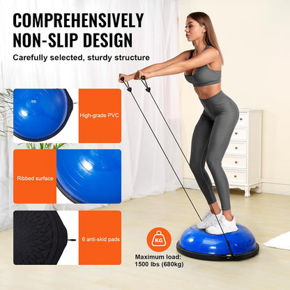 Half Exercise Ball Trainer, 23/26 inch Balance Ball Trainer, 1500lbs Capacity Stability Ball, Yoga Ball with Resistance Bands & Foot Pump, Strength Fitness Ball for Home Gym Full Body Workout