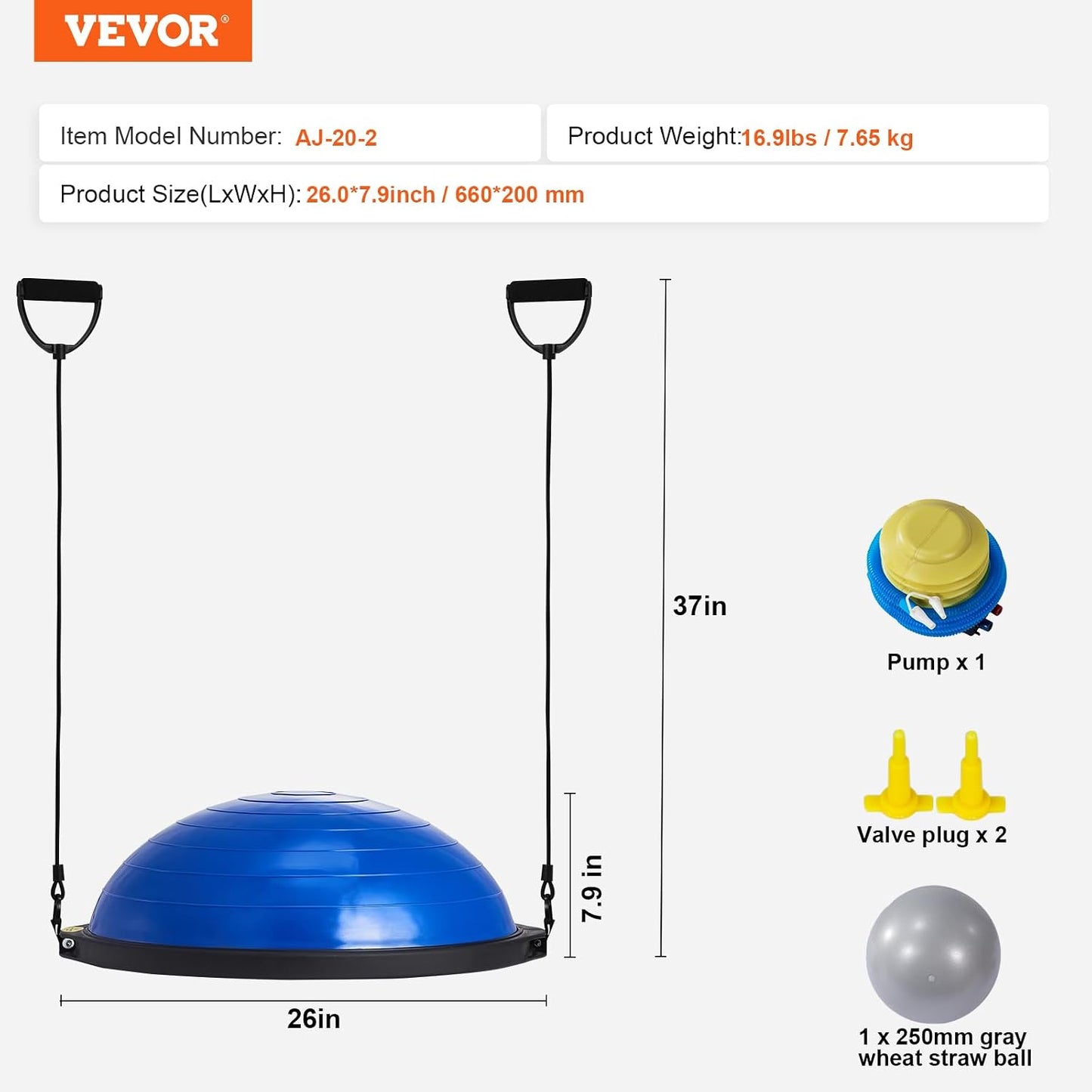 Half Exercise Ball Trainer, 23/26 inch Balance Ball Trainer, 1500lbs Capacity Stability Ball, Yoga Ball with Resistance Bands & Foot Pump, Strength Fitness Ball for Home Gym Full Body Workout