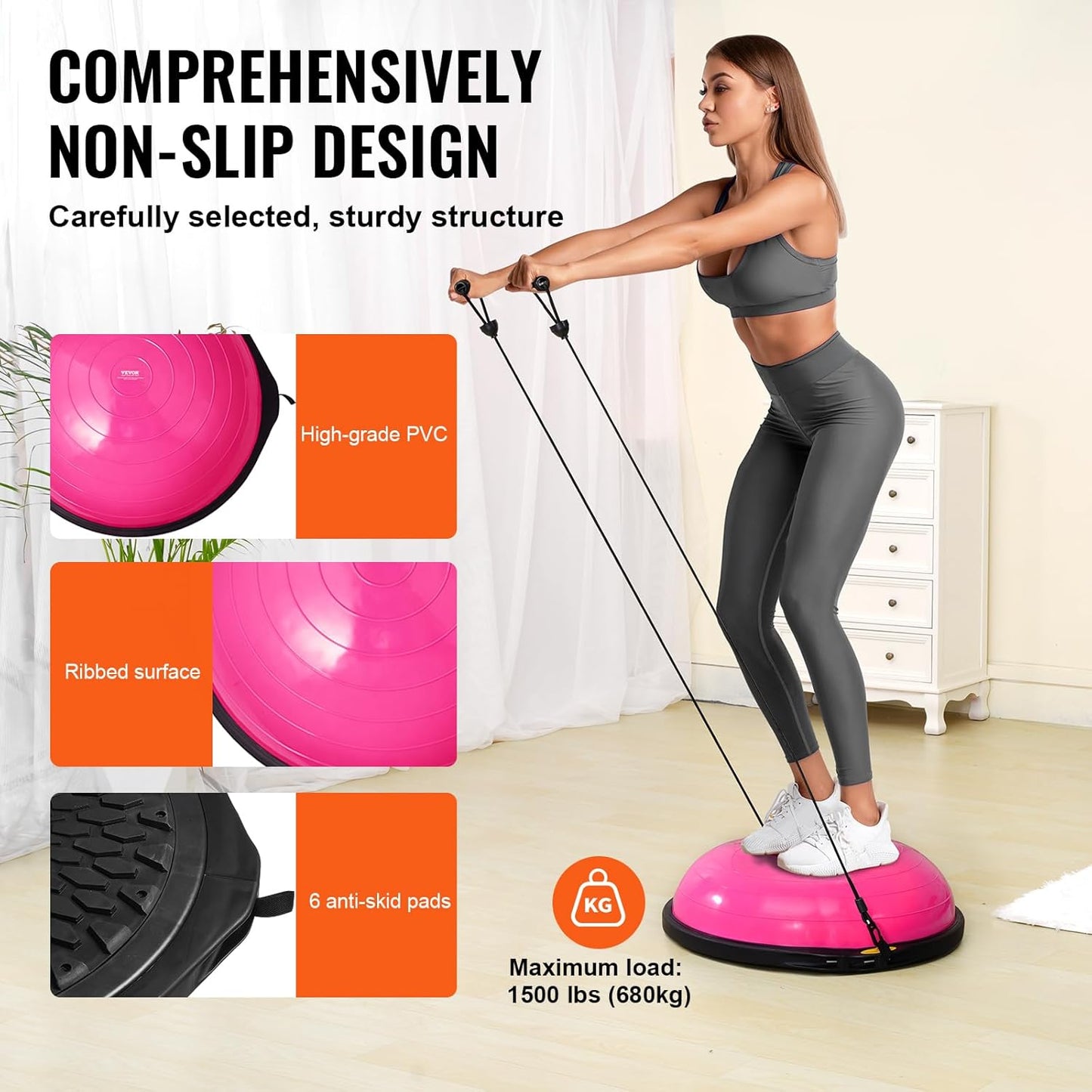 Half Exercise Ball Trainer, 23/26 inch Balance Ball Trainer, 1500lbs Capacity Stability Ball, Yoga Ball with Resistance Bands & Foot Pump, Strength Fitness Ball for Home Gym Full Body Workout
