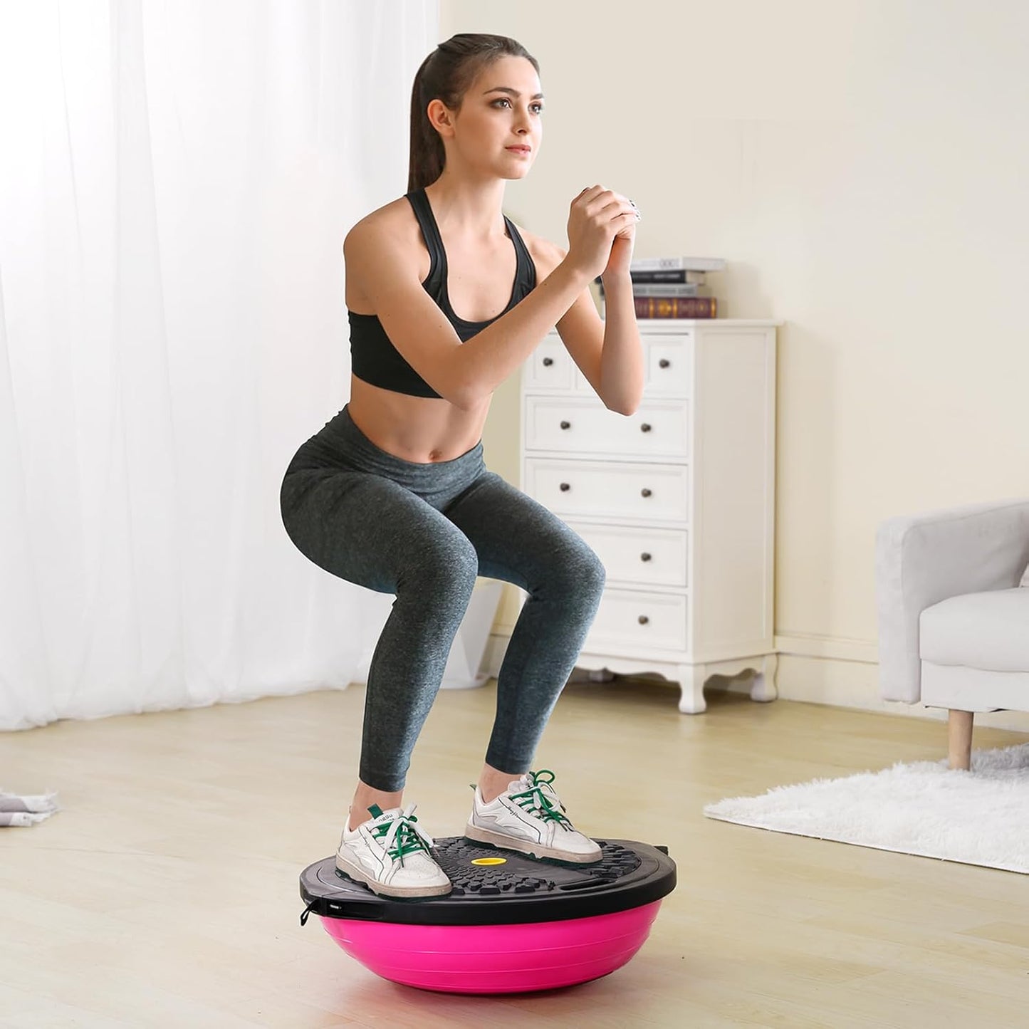 Half Exercise Ball Trainer, 23/26 inch Balance Ball Trainer, 1500lbs Capacity Stability Ball, Yoga Ball with Resistance Bands & Foot Pump, Strength Fitness Ball for Home Gym Full Body Workout