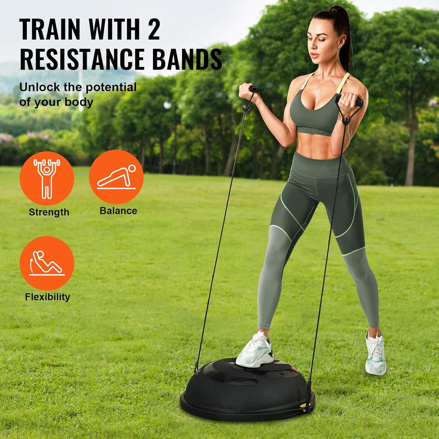 Half Exercise Ball Trainer, 23/26 inch Balance Ball Trainer, 1500lbs Capacity Stability Ball, Yoga Ball with Resistance Bands & Foot Pump, Strength Fitness Ball for Home Gym Full Body Workout