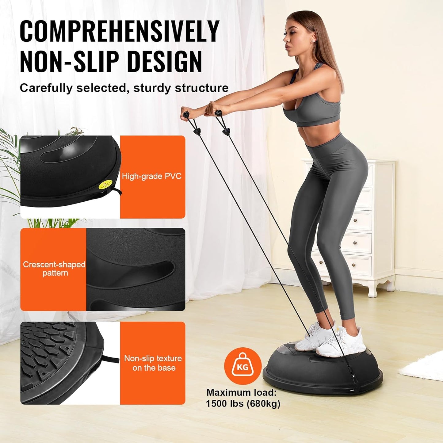Half Exercise Ball Trainer, 23/26 inch Balance Ball Trainer, 1500lbs Capacity Stability Ball, Yoga Ball with Resistance Bands & Foot Pump, Strength Fitness Ball for Home Gym Full Body Workout