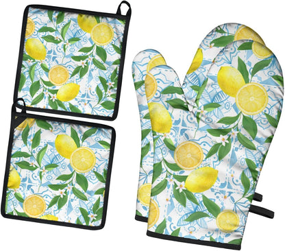 Oven Mitts and Pot Holders 4 Pcs Sets, Farmhous Lemon Kitchen Decor Extra Thicken Heat Resistant Oven Gloves Mits Mitt and Hot Pads for Baking Cooking and Barbecue